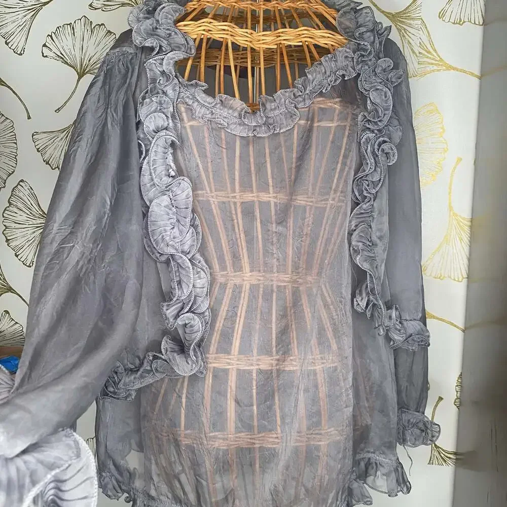 Grey Ruffle Blouse with Ruffled Collar - Picture 6 of 6